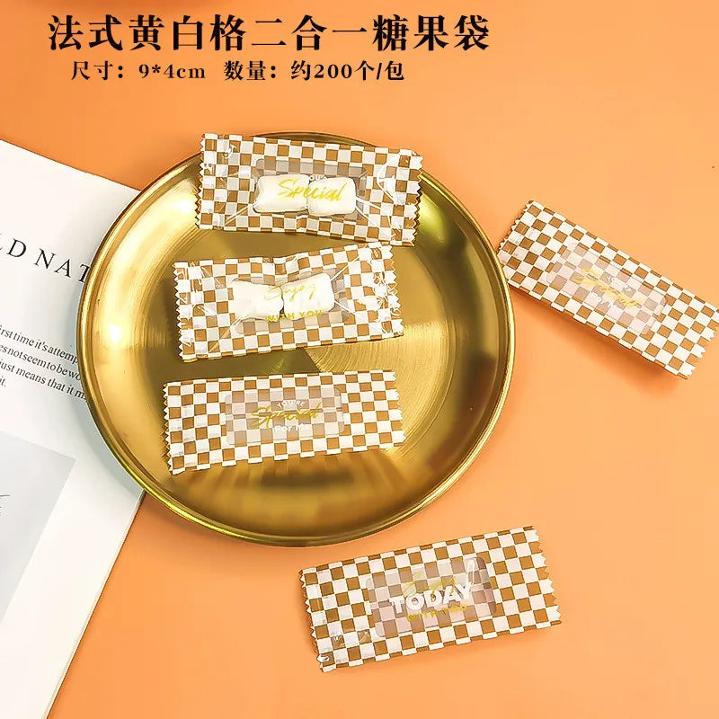 200Pcs 9x4cm Happy New Year Nougat Candy Sugar Bags Handmade DIY Gift Plastic Machine Sealed Packing