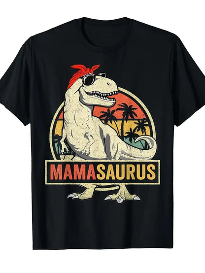 Funny MamaSaurus T-Rex Dinosaur Mom T-Shirt Retro Vintage Tee Soft Crew Neck Short Sleeve Shirt - Mother's Day Gifts for Women