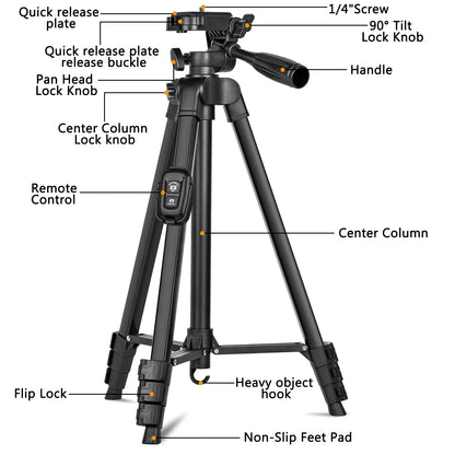 Tripod,60" Camera Tripod with Travel Bag,Cell Phone Tripod with Remote,Professional Aluminum Portable Tripod Stand