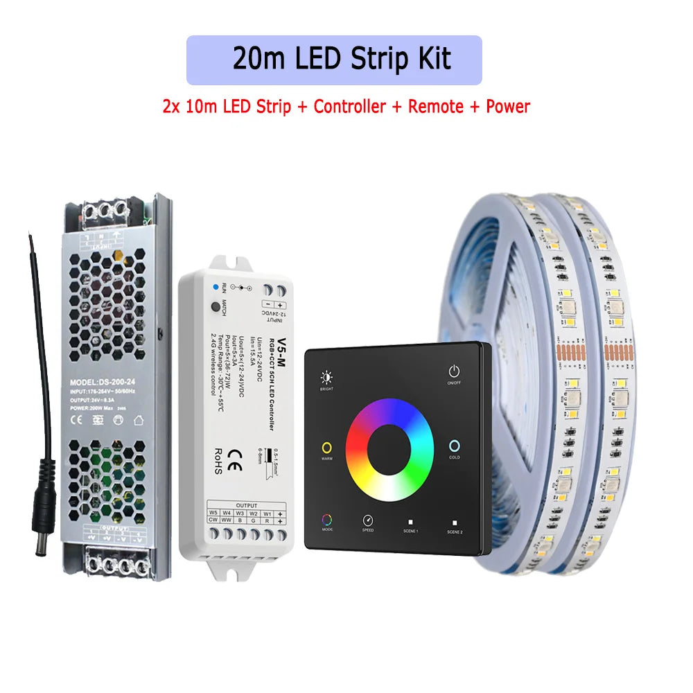 5m 10m 20m RGB+CCT LED Strip 24V 5050 Colorful+Dual White Flexible Dimmable Room Decor Party Light 2.4G RF Touch Panel Remote
