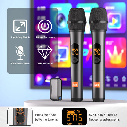 Karaoke Microphone Wireless M23 UHF 2 Channel System Built-in Lithium Battery Cordless Handheld Mic For Church Party Speaker