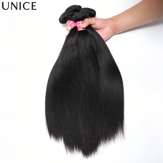 Unice Hair Yaki Straight Hair Bundles 1/3/4 PCS Bundles 100% Human Hair Sew In Quick Weaves Hair Extensions 100G Per Bundle