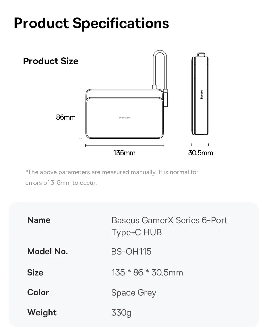 Baseus USB C Docking Station for Steam Deck Nintend Switch 6-in-1 Type C to 4K@60Hz HDMI-compatible Gigabit Ethernet USB 3.0 Hub