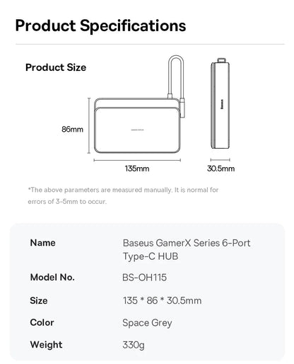 Baseus USB C Docking Station for Steam Deck Nintend Switch 6-in-1 Type C to 4K@60Hz HDMI-compatible Gigabit Ethernet USB 3.0 Hub