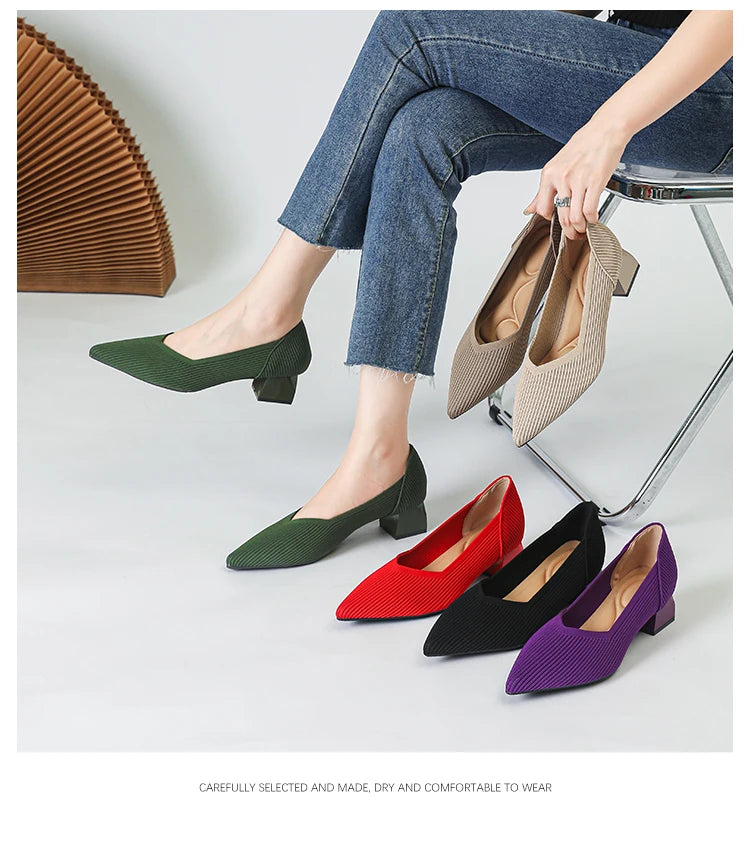 2025 New Women's High Heels Large 42/43 Fashion Pointed Anti slip Rubber Bottom Knitted Breathable Shoes