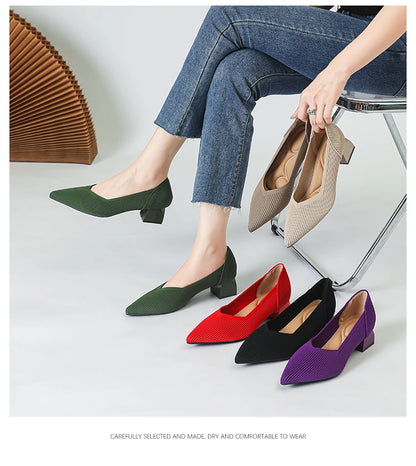 2025 New Women's High Heels Large 42/43 Fashion Pointed Anti slip Rubber Bottom Knitted Breathable Shoes