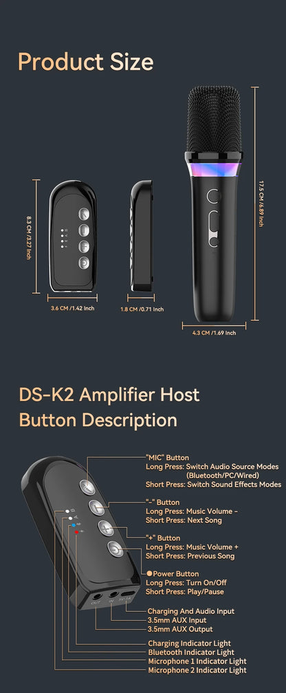 New DS-K2 Karaoke Companion Bluetooth Wireless Moving-Coil Microphone With RGB Light KTV DSP Mixer System For Wired Speaker Car