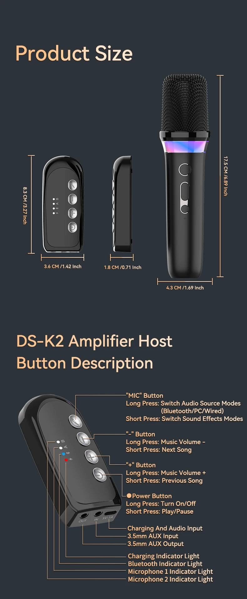 New DS-K2 Karaoke Companion Bluetooth Wireless Moving-Coil Microphone With RGB Light KTV DSP Mixer System For Wired Speaker Car