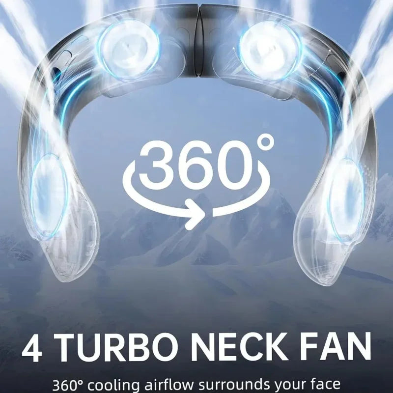 4000mAh Leafless Portable Neck Fan Turbine Vaneless Design 3 Gears Super Strong Wind Fast Cooling Digital Display for Outdoor
