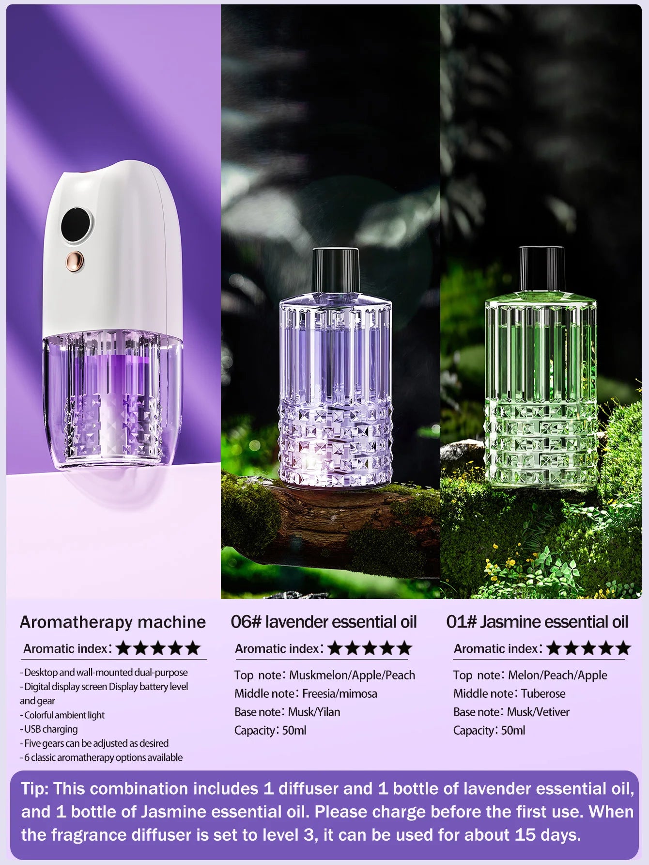 Multifunctional rechargeable portable essential oil diffuser Multiple aroma aromatherapy essential oils can be used in home cars