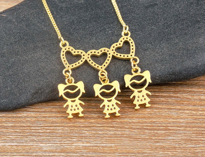 Nidin Exquisite Gold Plated Mom Daughter Necklace Girl Boy Pendant Chain Choker Cubic Zirconia Jewelry Mother's Day Gift