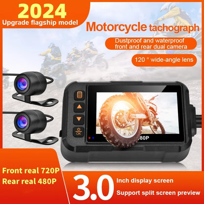 3 Inch Motorcycle Dashcam Waterproof Motorcycle Camera DVR Front 720P & Rear 480P Camera Video Loop Recorder Black Night Vision