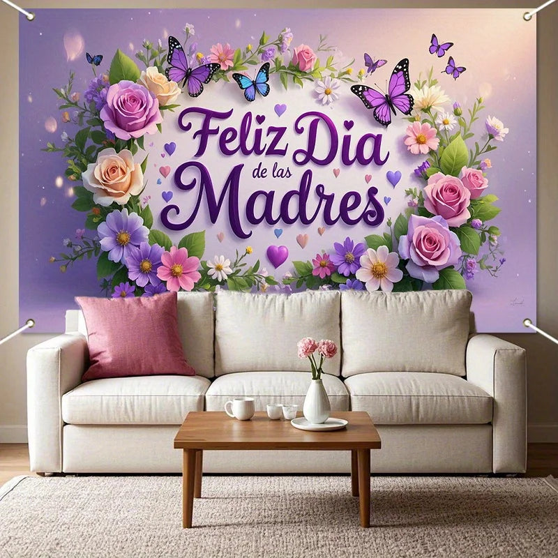 Spanish Mother's Day banner with roses and butterflies - suitable for home, graduation, indoor/outdoor, and holiday occasions
