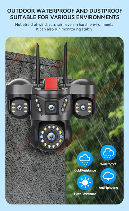 10K 20MP UHD Outdoor WiFi IP Camera Four Len Four Screen 360° 16X Zoom PTZ Security Cam Auto Tracking CCTV Wireless Surveillance