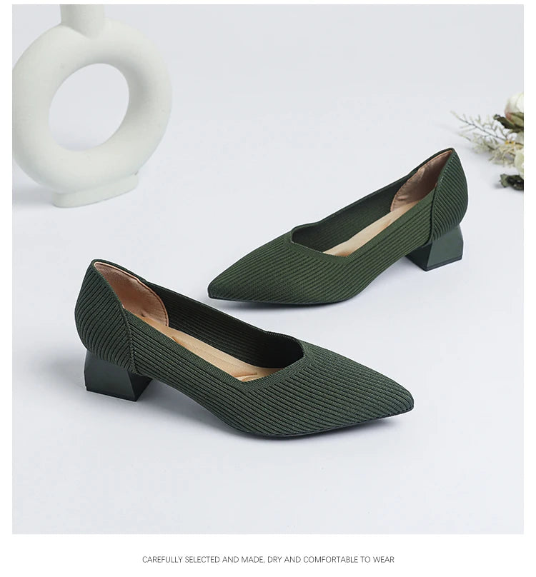 2025 New Women's High Heels Large 42/43 Fashion Pointed Anti slip Rubber Bottom Knitted Breathable Shoes
