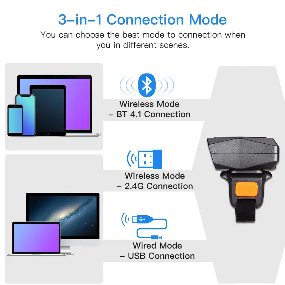 Eyoyo EY-016 Finger Ring Barcode Scanner Mini Wearable 3-in-1 USB Wired & 2.4G Wireless QR Reader for Store Warehouse Scanning