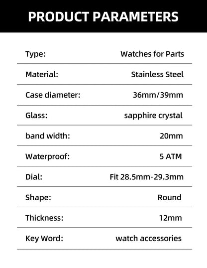 Neiton 36mm/40mm Sapphire Glass For Men Watch Case Fit NH36 NH34 NH35Movement FashionWaterproof Jubilee Stainless Steel