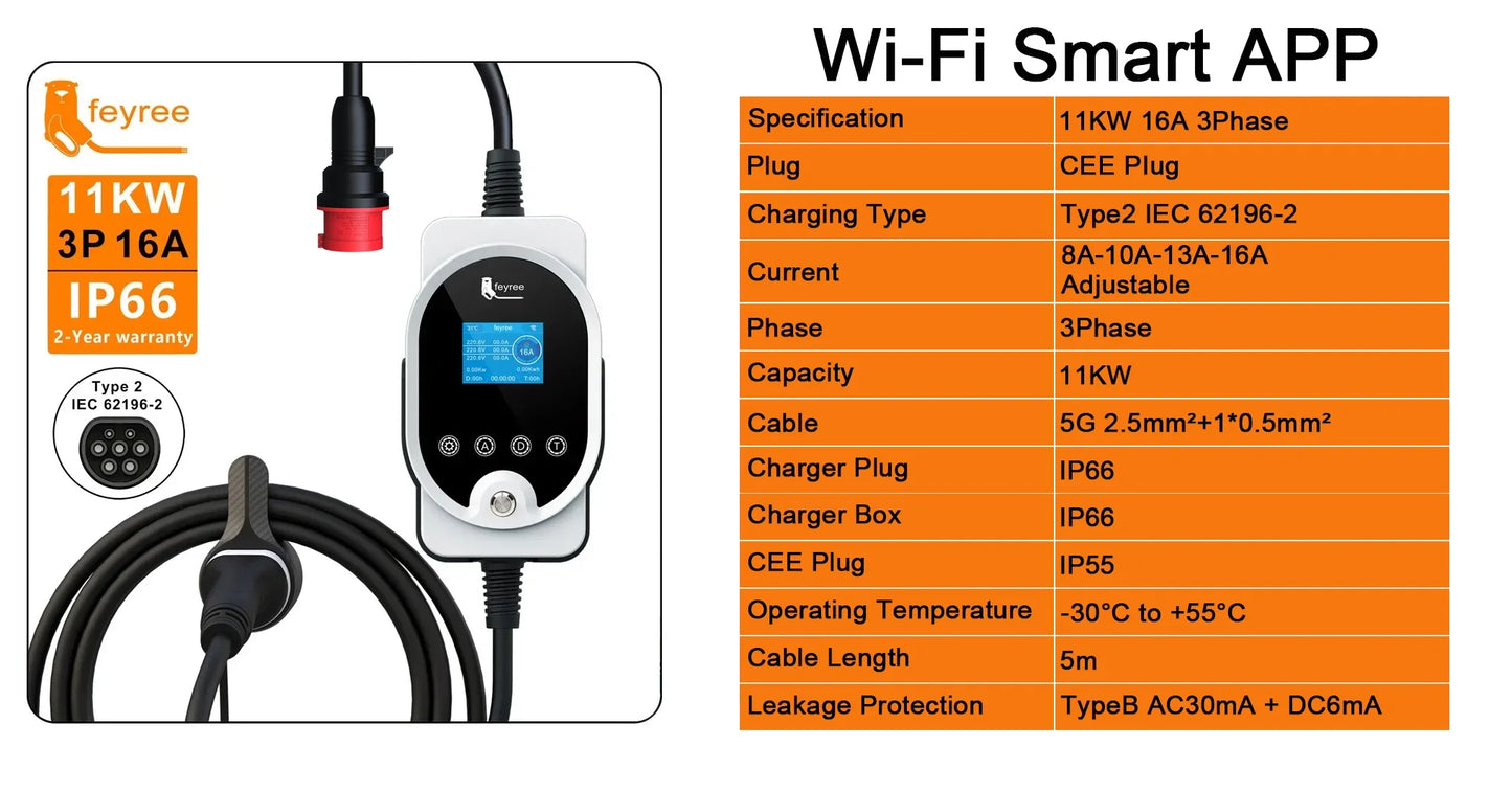 feyree Type2 11KW EVSE Wallbox EV Portable Charger 16A 3Phase Wi-Fi Smart APP Control Charging Station for Electric Car Charger