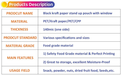 100pcs custom logo Wholesale Black Kraft Paper Stand up Pouch with Window Reusable Food Packaging Zip Lock Bag