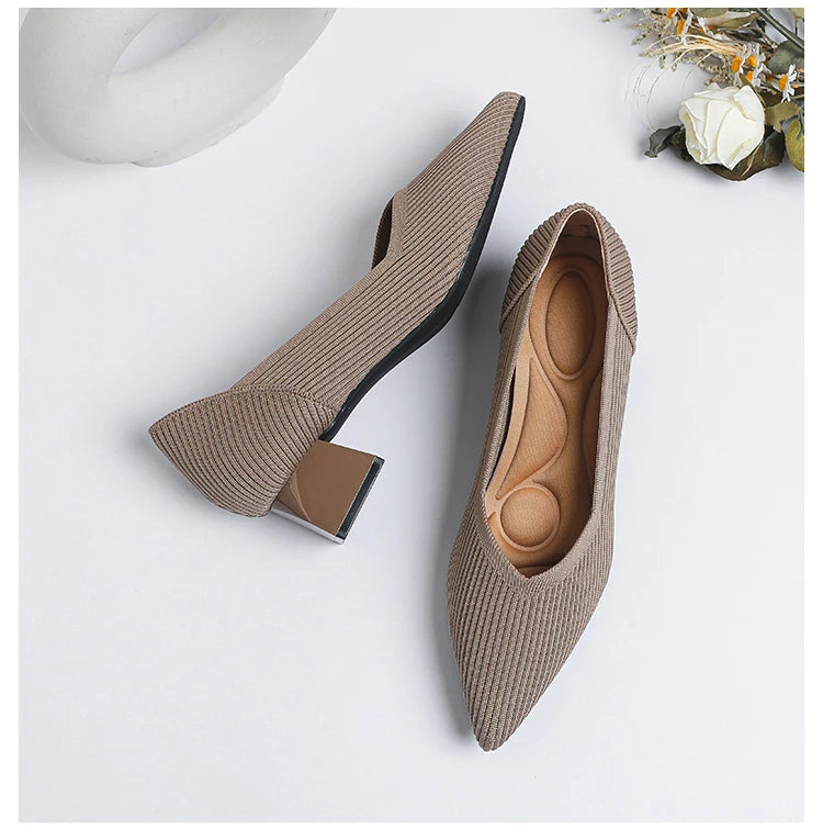 2025 New Women's High Heels Large 42/43 Fashion Pointed Anti slip Rubber Bottom Knitted Breathable Shoes