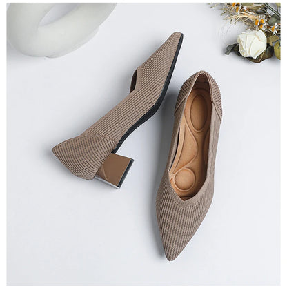 2025 New Women's High Heels Large 42/43 Fashion Pointed Anti slip Rubber Bottom Knitted Breathable Shoes