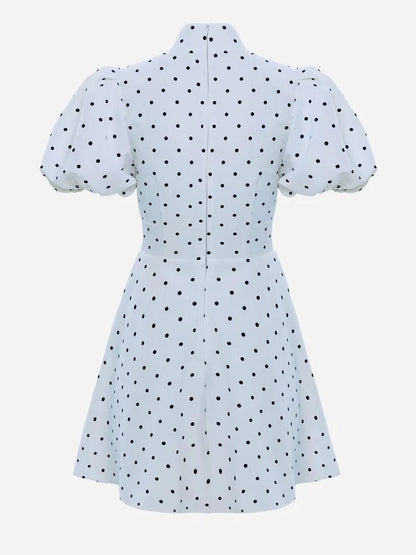 Retro Polka Dot Mini A-line Dress Elegant Stand Collar Puff Short Sleeve Waist-cinching Dresses 2026 New Lady Party Gowns
