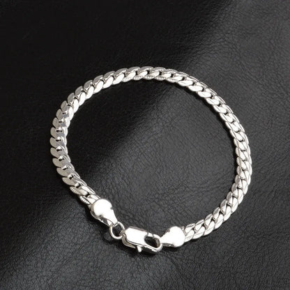 925 Sterling Silver Bracelet 6mm 18/20cm Flat Side Chain Lobster Clasp For Woman Man Wedding Engagement Jewelry