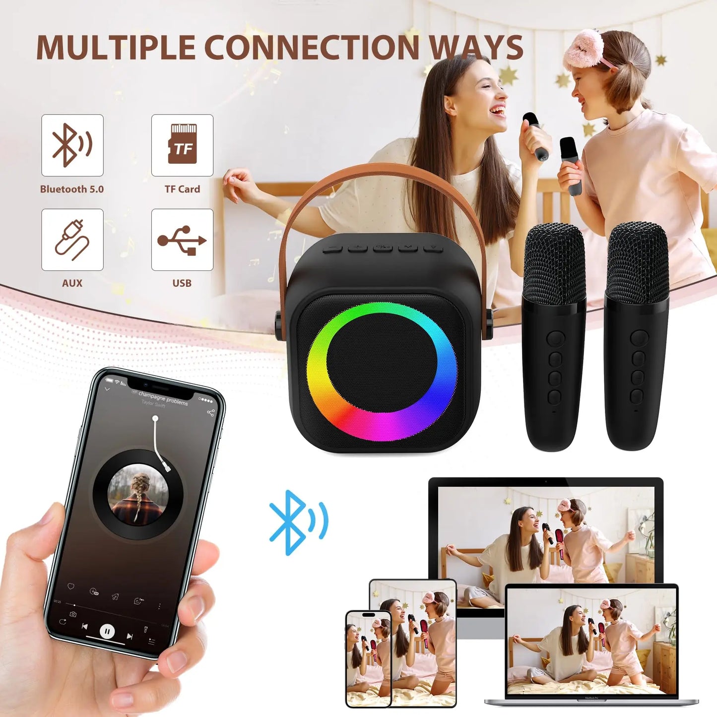 Haomuren Portable Karaoke Machine with Wireless 1 or 2 Microphone Mini Bluetooth Speaker for Children Singing Family Party Gift