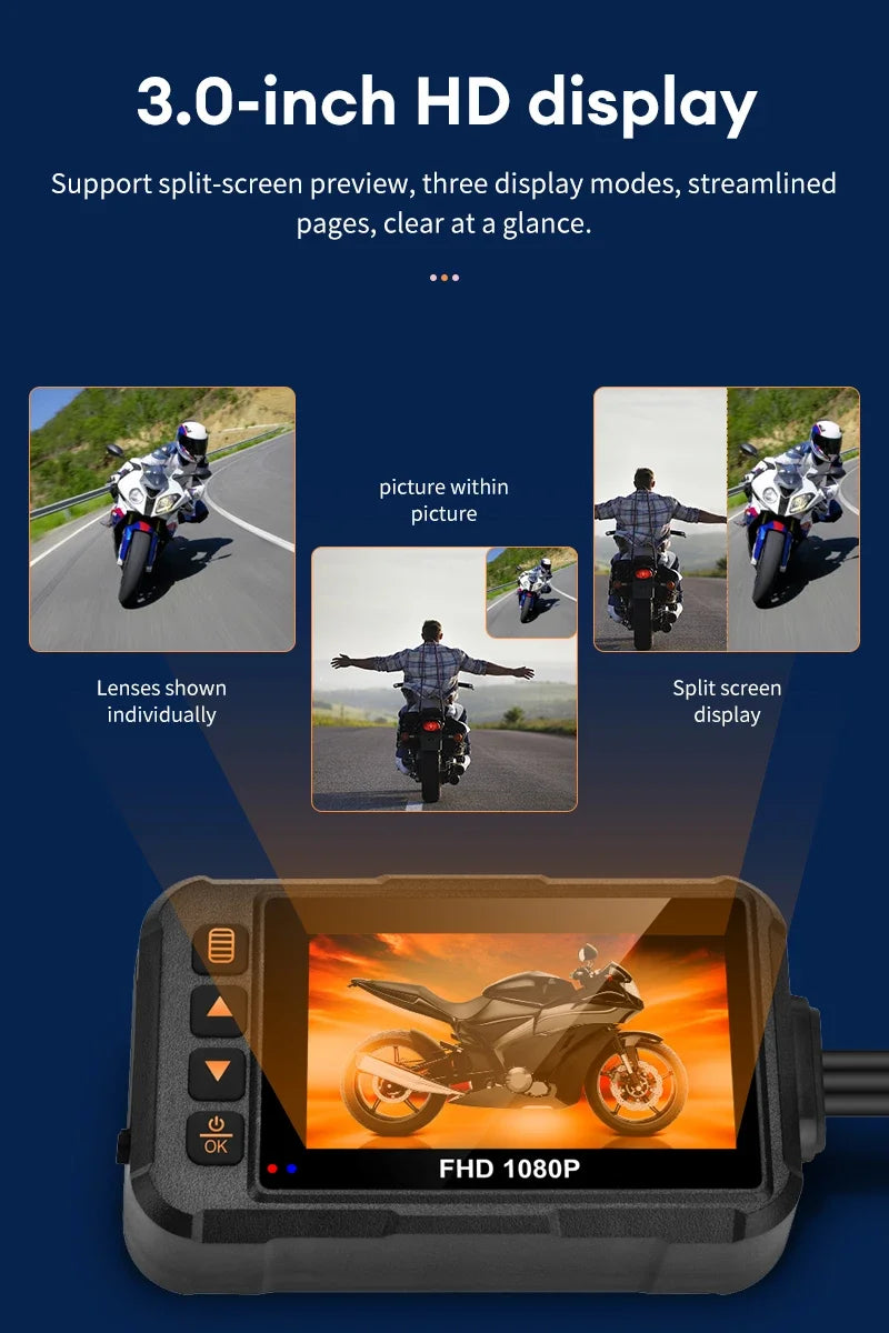 3 Inch Motorcycle Dashcam Waterproof Motorcycle Camera DVR Front 720P & Rear 480P Camera Video Loop Recorder Black Night Vision