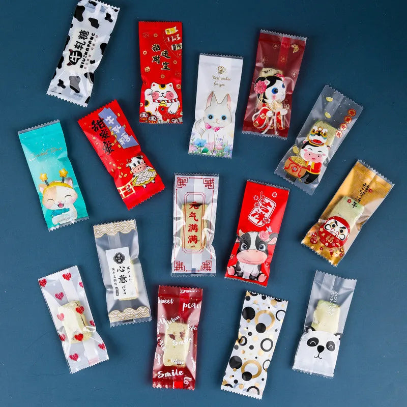 200Pcs 9x4cm Happy New Year Nougat Candy Sugar Bags Handmade DIY Gift Plastic Machine Sealed Packing
