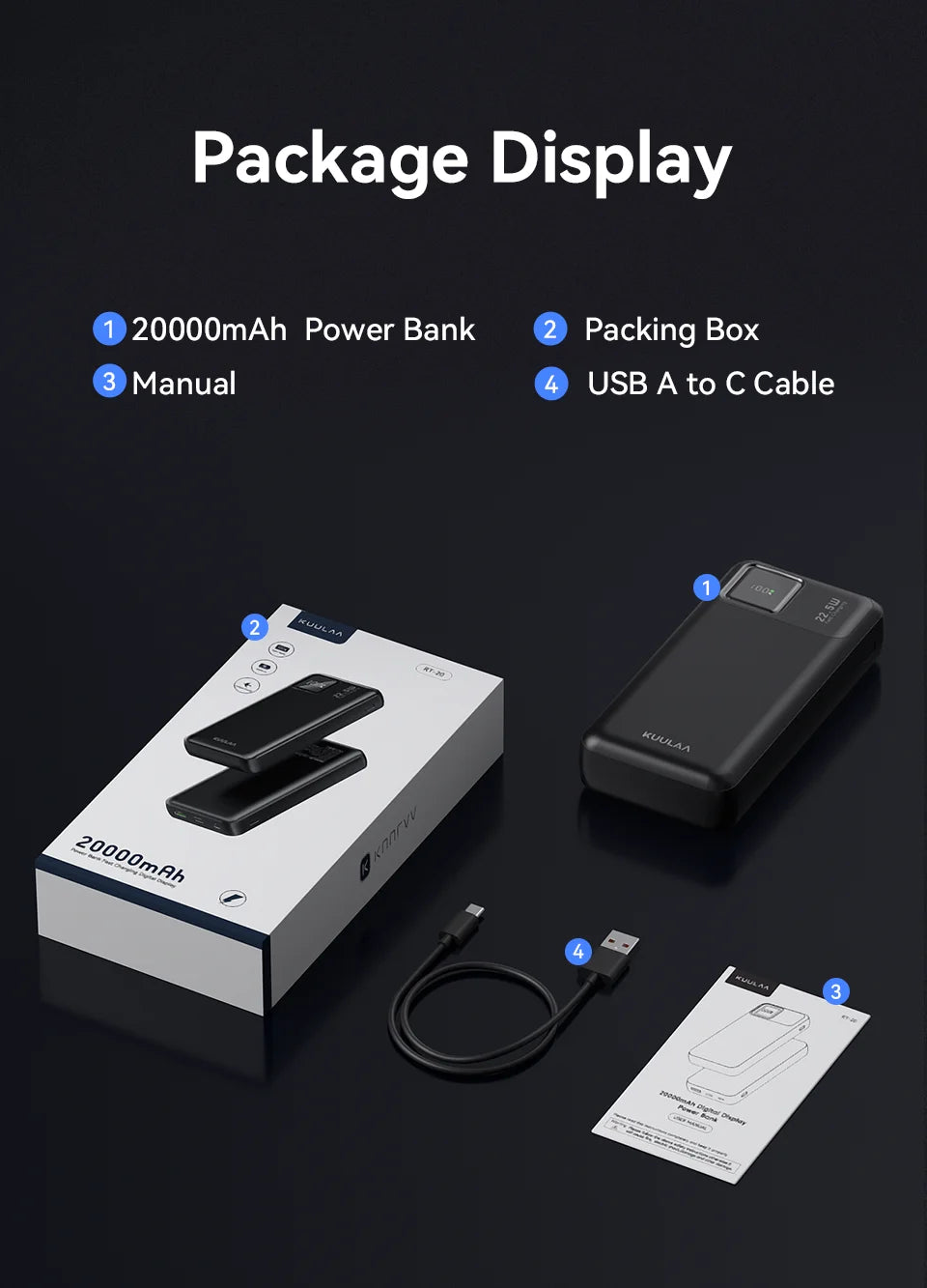 KUULAA 20000mAh Power Bank Portable External Battery 22.5W Fast Charging Portable Charger For iPhone xiaomi redmi poco Powerbank