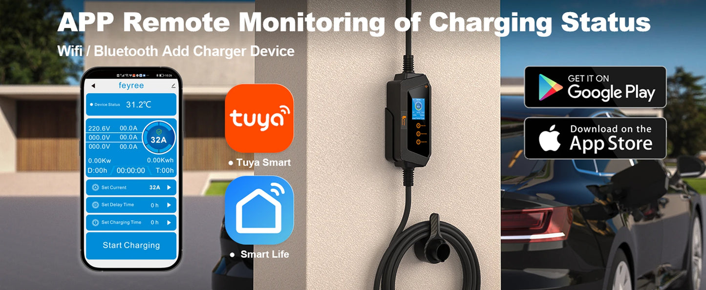 feyree Type1 Portable EV Charger 7KW 32A 1Phase J1772 Socket with 5m Cable Smart APP WIFI Control Version for Electric Vehicle