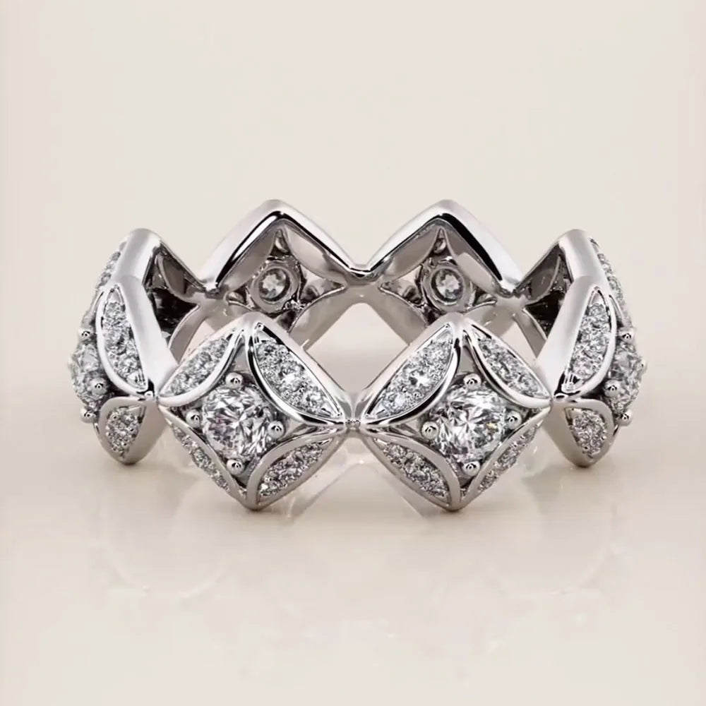 Geometric White Zircon Round Stone Rings For Women Silver Color Engagement Pormise Band Bridal Wedding Jewelry Mother's Day Gift