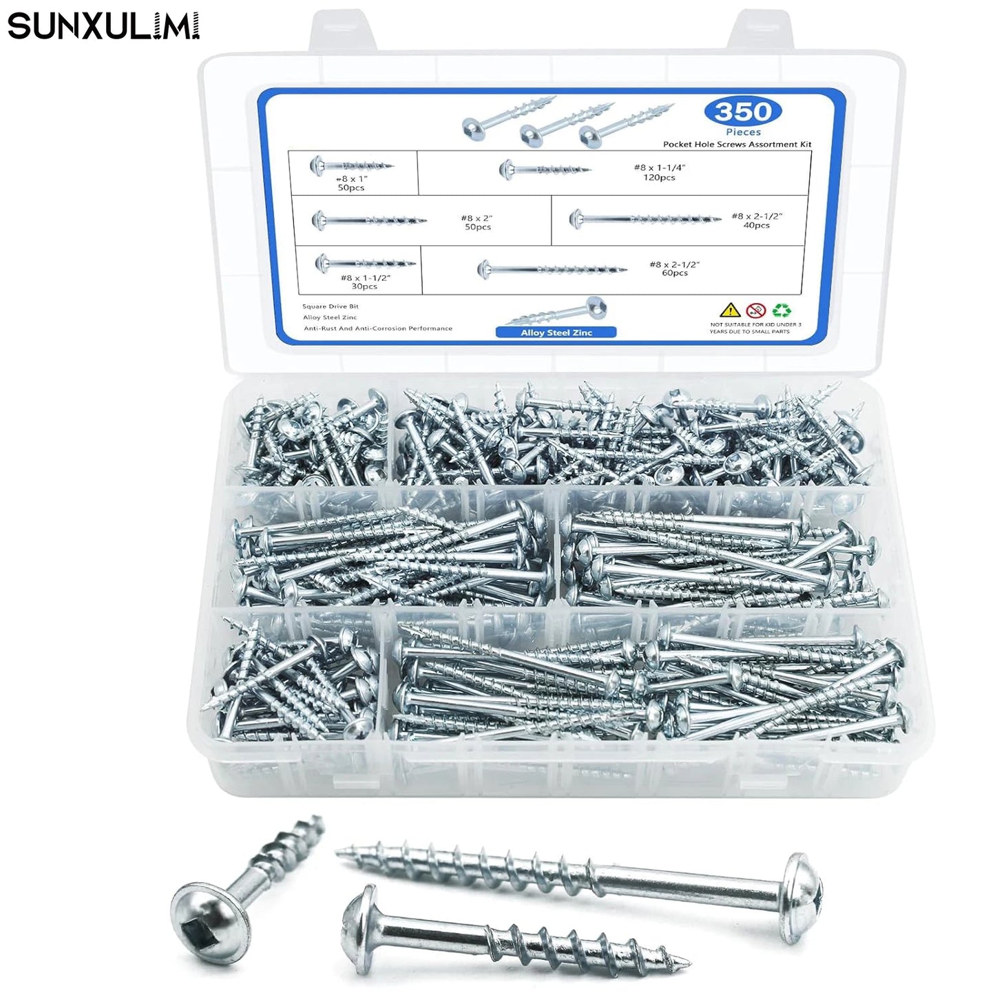 350 PCS Pocket Hole Screws Assortment Kit, 5 Sizes #8 x 1, 1-1/4", 1-1/2", 2", 2-1/2",Square Drive Self Tapping Coarse Thread Wo