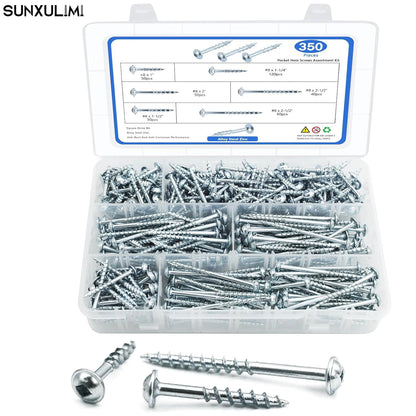 350 PCS Pocket Hole Screws Assortment Kit, 5 Sizes #8 x 1, 1-1/4", 1-1/2", 2", 2-1/2",Square Drive Self Tapping Coarse Thread Wo