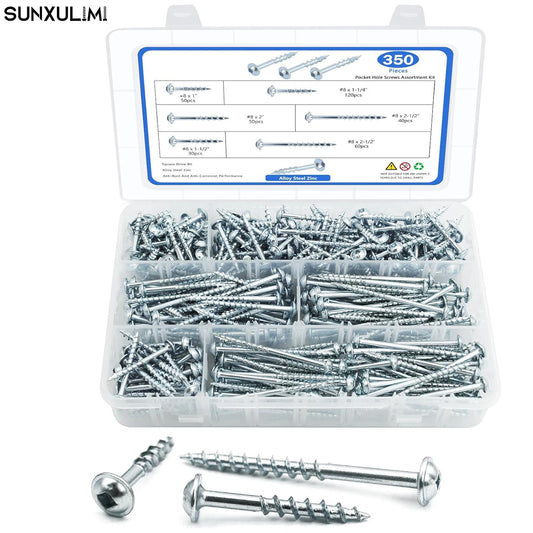 350 PCS Pocket Hole Screws Assortment Kit, 5 Sizes #8 x 1, 1-1/4", 1-1/2", 2", 2-1/2",Square Drive Self Tapping Coarse Thread Wo