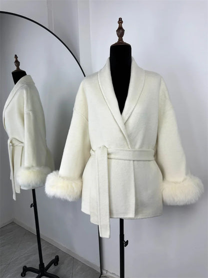 Tossy Fox Fur Wool Overcoat Women's Short Coat Office Lady Elegant Double-sided Woolen Coat 2025 New Cardigan Jackets Loose Wool