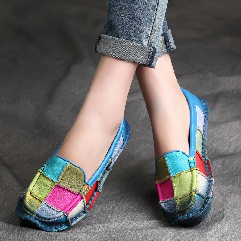 Koznoy 2.5cm Native Flats Shoes Women Natural Cow Genuine Leather Big Size Mixed Color Soft Soled Loafer Ethnic Moccasins Comfy