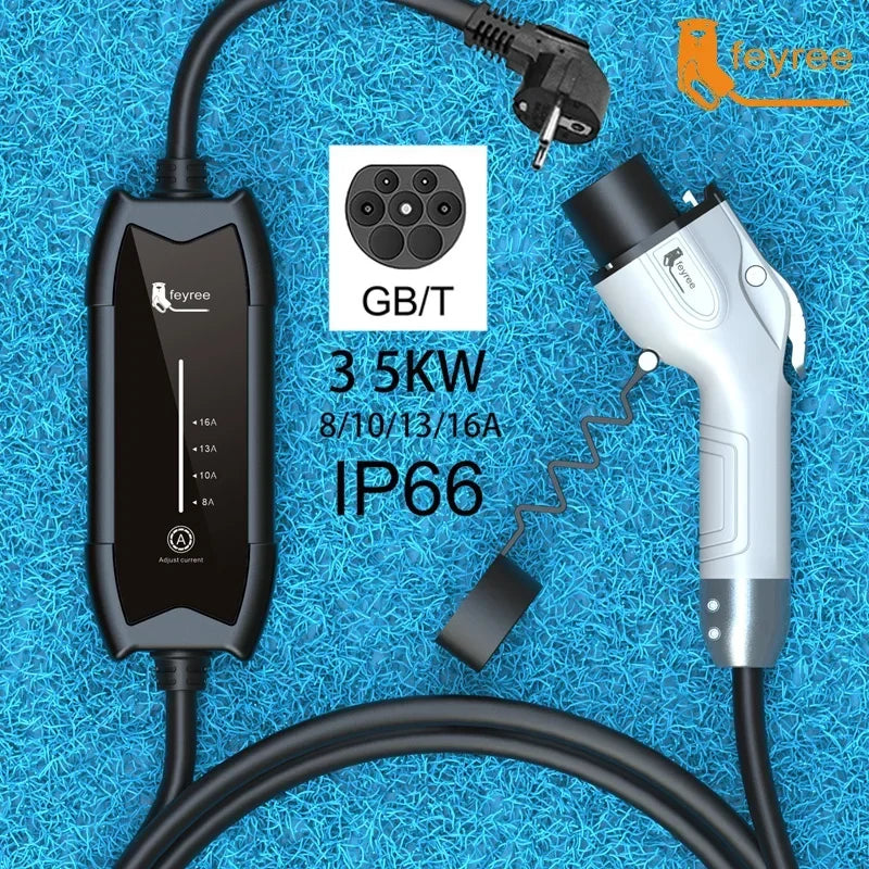feyree EV Charger Type2 16A 3.5KW 1Phase GB/T / Type1 Current Adjustable 3.5m Cable Portable Charging Box for Electric Vehicle
