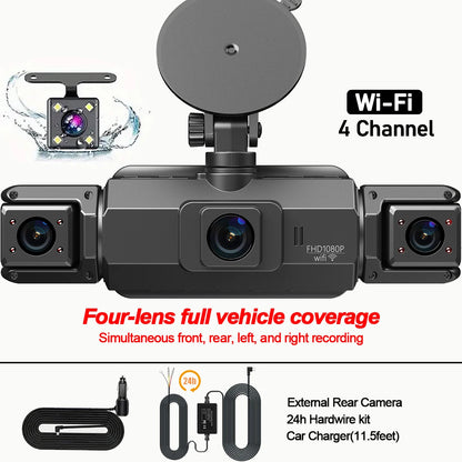 dashcam 4 channels wifi car dvr dashboard cameras for car way back box parking mode 24h front and rear interior 360 dash cam