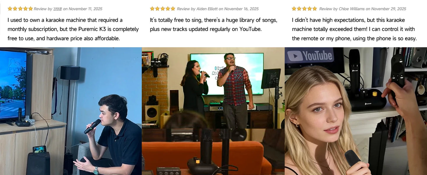 Puremic Karaoke Machine K3 with Millions Songs Free Forever Duet Karaoke Mics for Singing with Rechargeable Dock, HDMI+Aux Cable