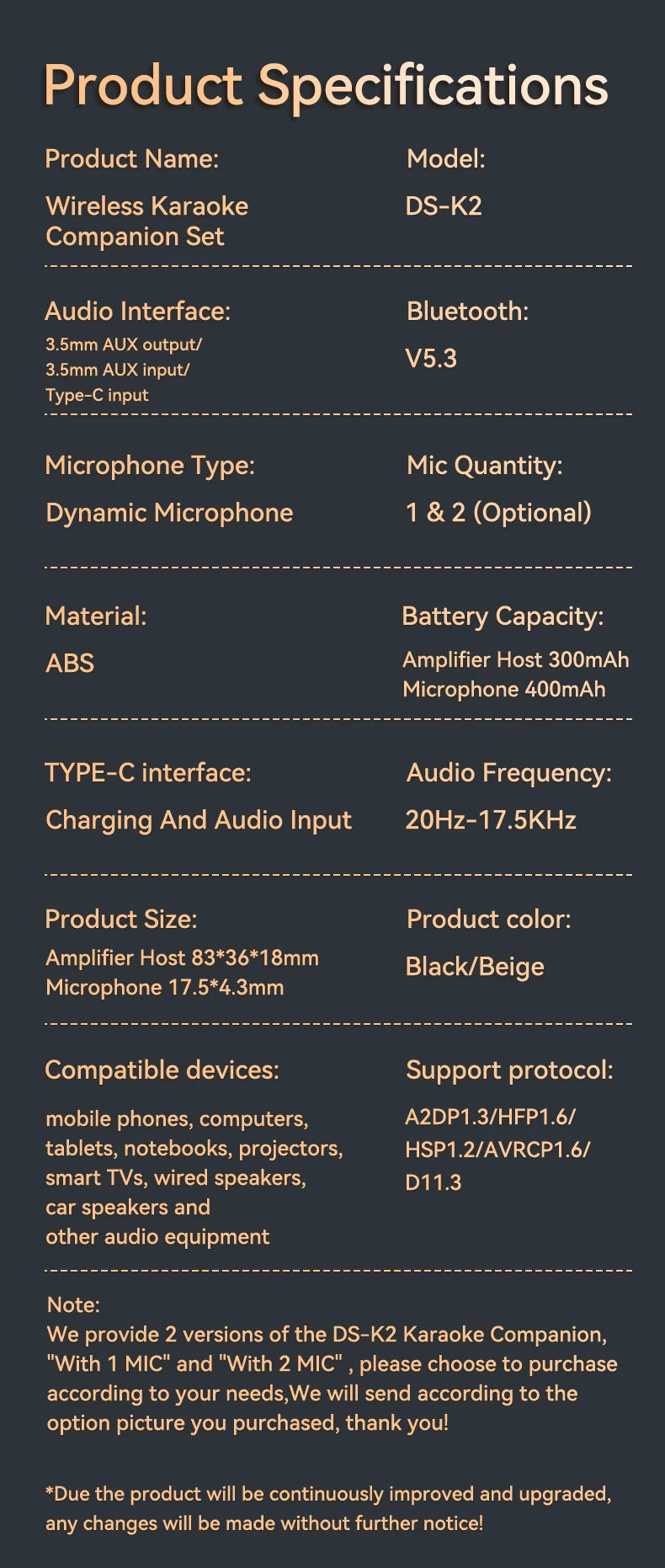 New DS-K2 Karaoke Companion Bluetooth Wireless Moving-Coil Microphone With RGB Light KTV DSP Mixer System For Wired Speaker Car