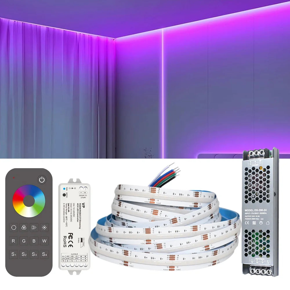 5M 10M 20M COB RGBW RGBWW LED Strip 24V Flexible Color Changing Dimmable Room Liner Light Home Decor 2.4G RF Remote Control Kit