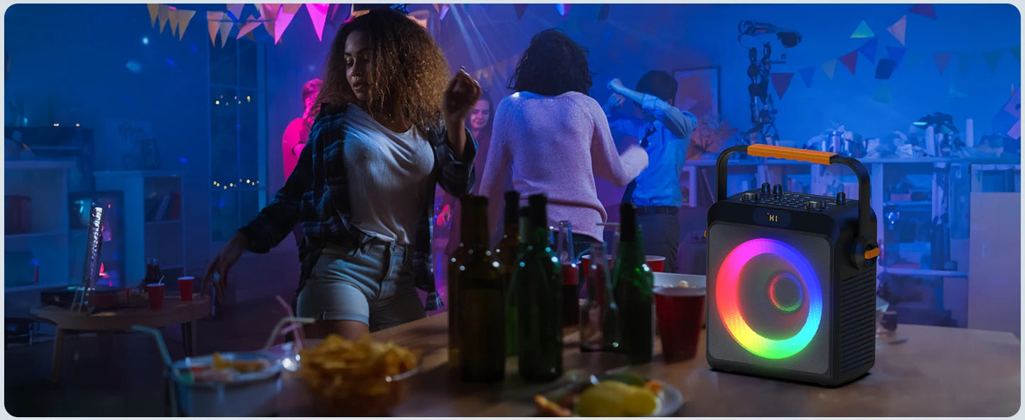 Karaoke Machine with 2 Wireless Microphones, Portable Speaker with LED Lights for Kids and Adults, Supports Bluetooth/USB/TF/AUX