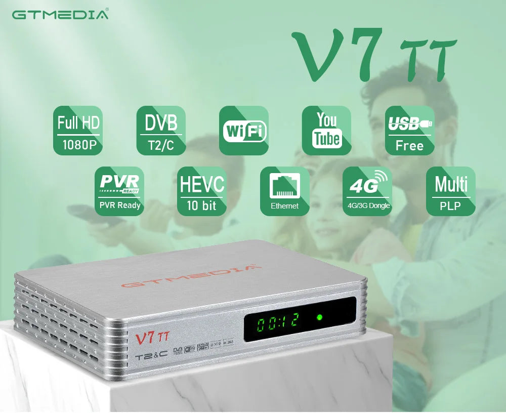 GTMEDIA V7 TT Ground Signal Receiver，1080P Full HD DVB-T/T2/DVB-C Signal TV Box With USB WIFI Decoder Support H.265 HEVC 10bit F