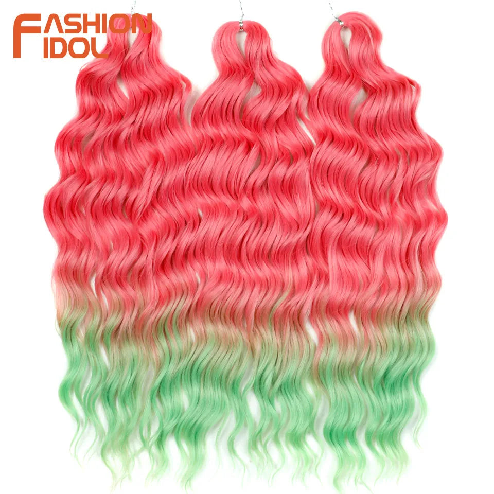 FASHION IDOL 24Inch Crochet Hair Synthetic Water Wave Braiding Hair Extensions Ombre Rainbow color Fake Hair Deep Wave Curl Hair