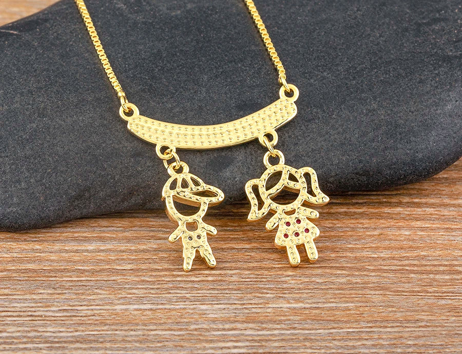 Nidin Exquisite Gold Plated Mom Daughter Necklace Girl Boy Pendant Chain Choker Cubic Zirconia Jewelry Mother's Day Gift