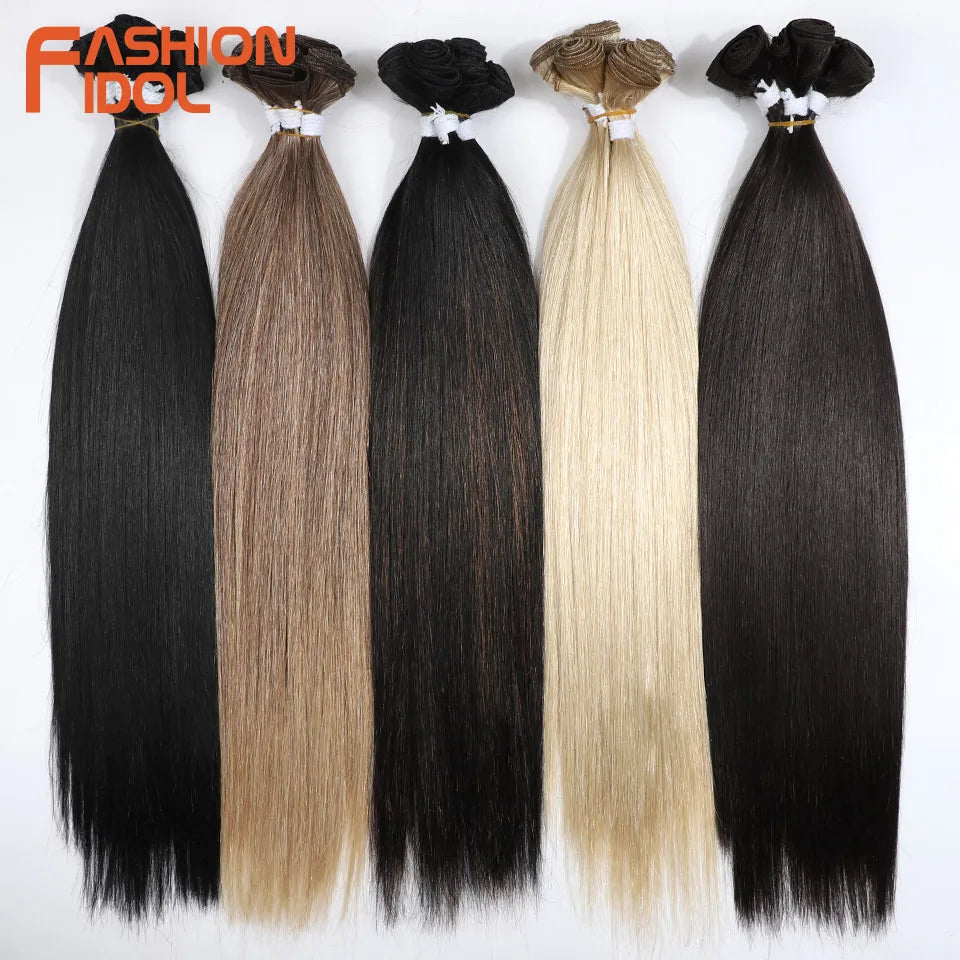 FASHION IDOL 20 22 24 inches 300g/6pcs Yaki Straight Hair Weaving Synthetic Fake Hair Bundles Ombre Blonde Salon Hair Extensions