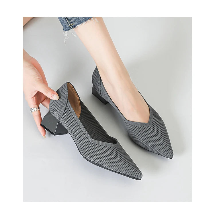 2025 New Women's High Heels Large 42/43 Fashion Pointed Anti slip Rubber Bottom Knitted Breathable Shoes