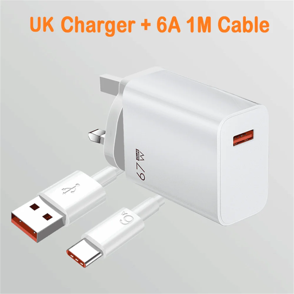 Total 67W USB GaN Charger Fast Charging Wall Phone Adapter 6A USB to TypeC Cable Quick Charge 3.0 Plug For iPhone Samsung Xiaomi